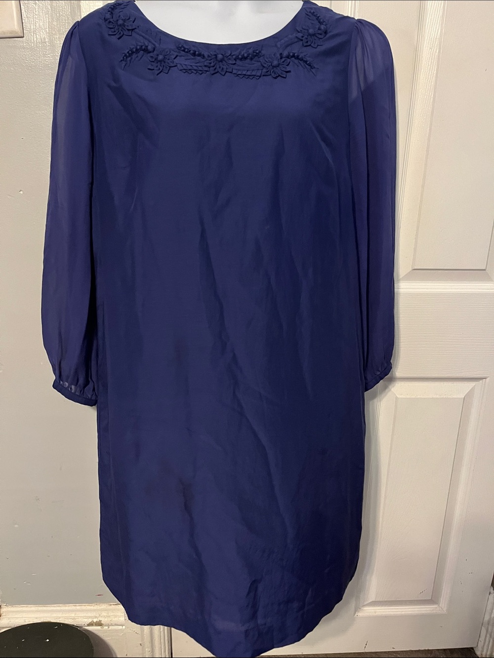 Boden Limited Edition Navy Floral Detail Long Sheer Sleeve Dress